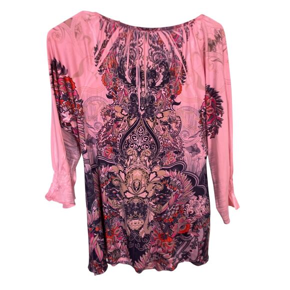 VTG Y2K Heart Print Tunic Shirt Women’s Medium | Coquette Flowy Crochet Top - Picture 4 of 6